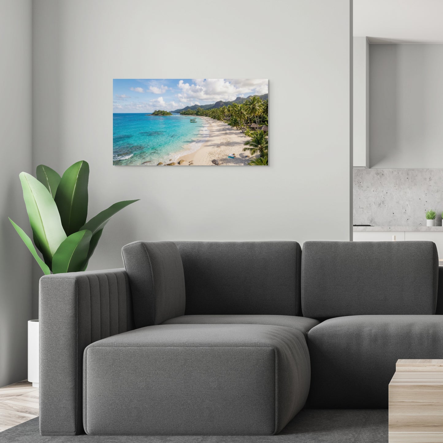 Tropical beach paradise canvas wall art palm tree ocean landscape in living room.