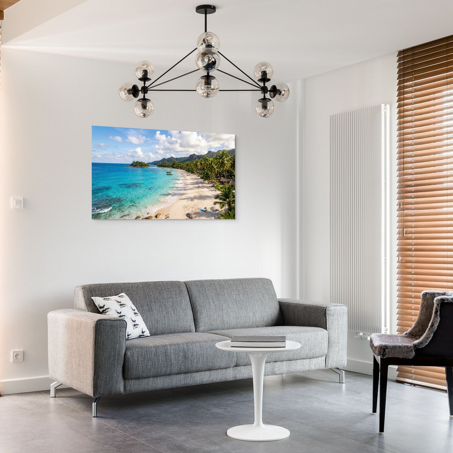 Tropical beach paradise canvas wall art palm tree ocean landscape in modern living room.