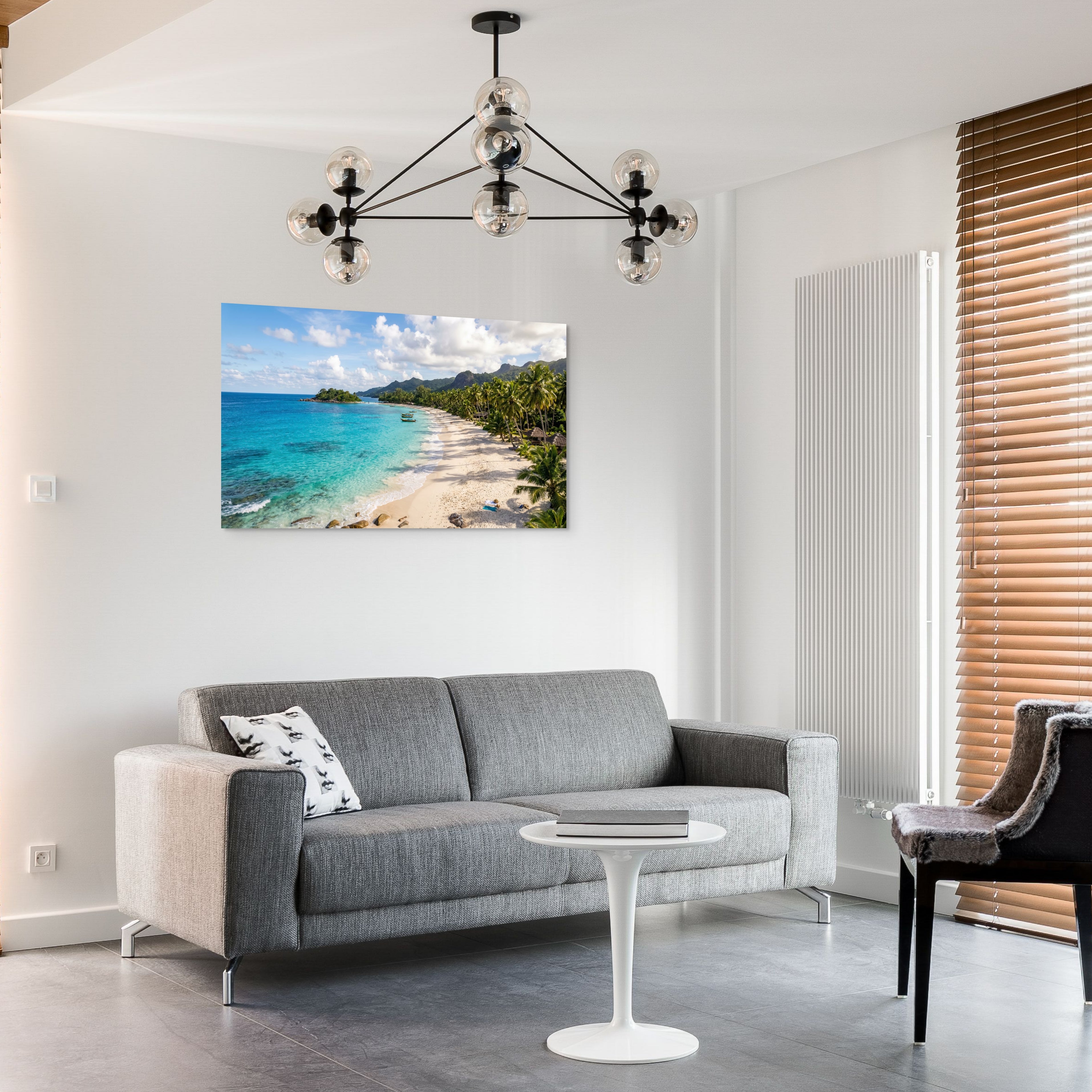 Tropical beach paradise canvas wall art palm tree ocean landscape in modern living room.