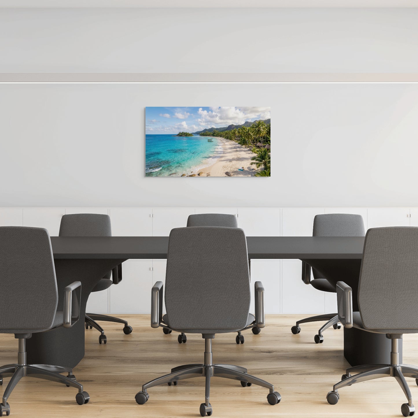 Tropical beach paradise canvas wall art palm tree ocean landscape in conference room in office.