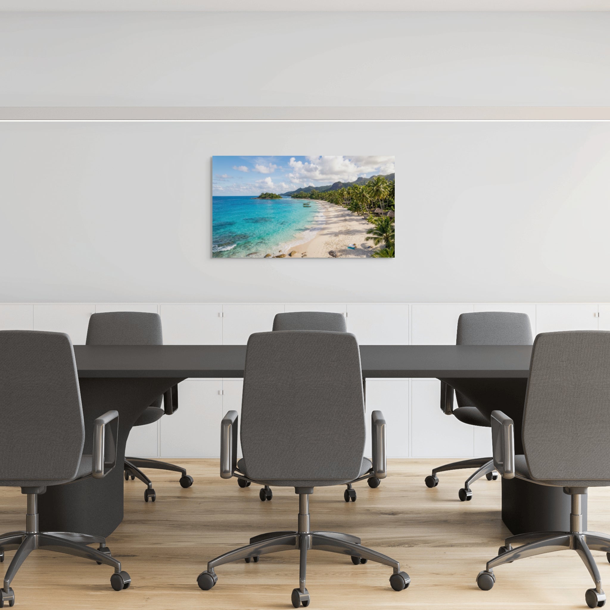 Tropical beach paradise canvas wall art palm tree ocean landscape in conference room in office.