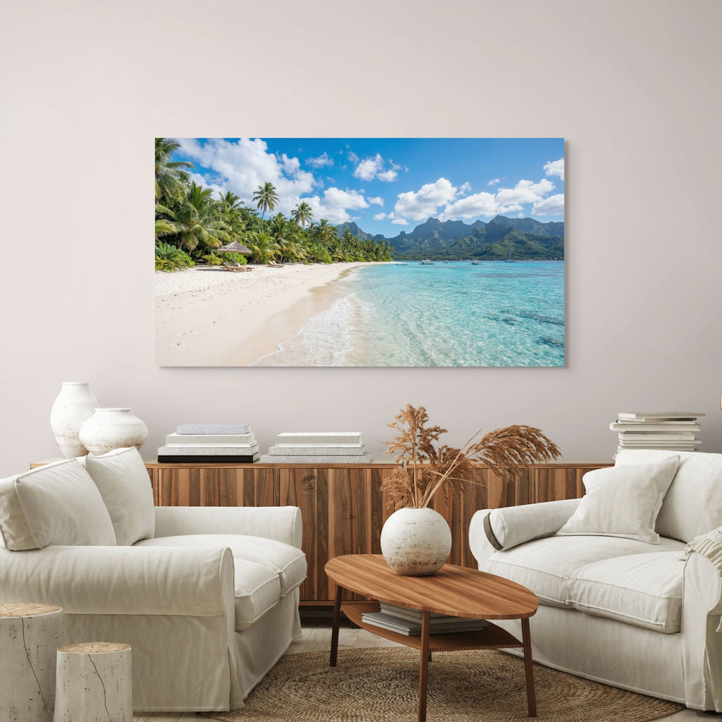 Tropical island beach canvas print turquoise ocean shoreline.