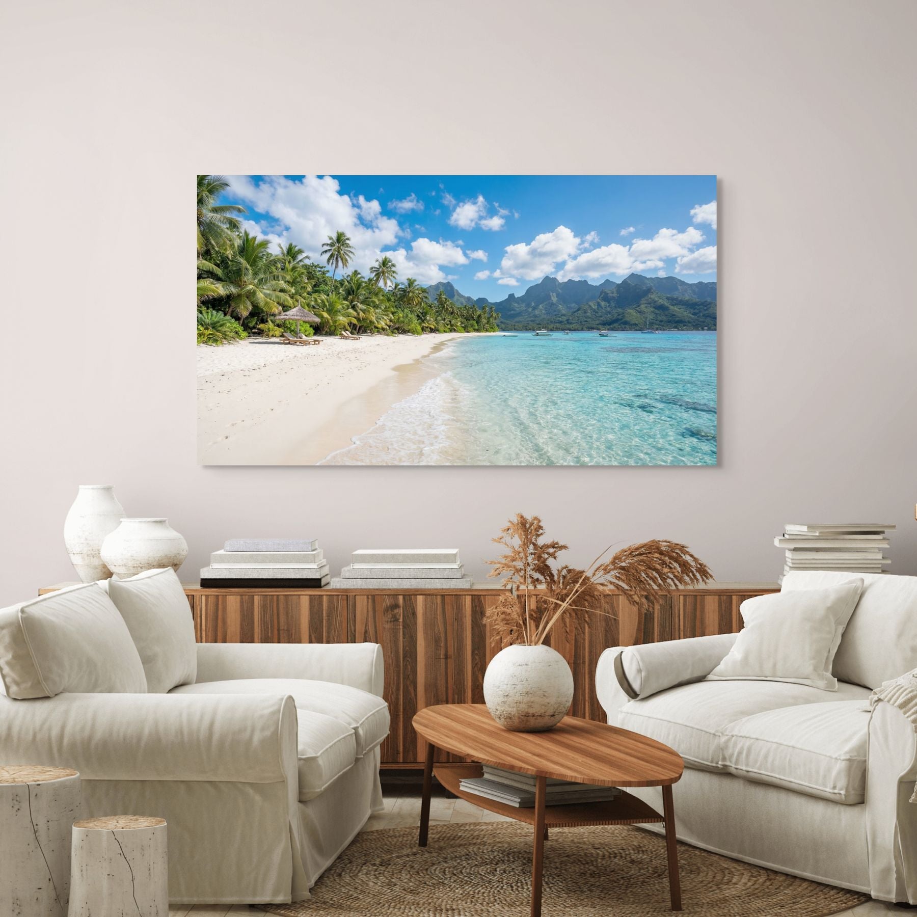 Tropical island beach canvas print turquoise ocean shoreline.