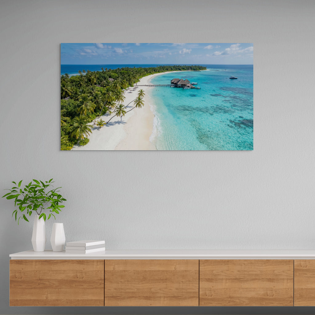 Tropical island beach canvas wall art turquoise ocean coastline in hallway console.