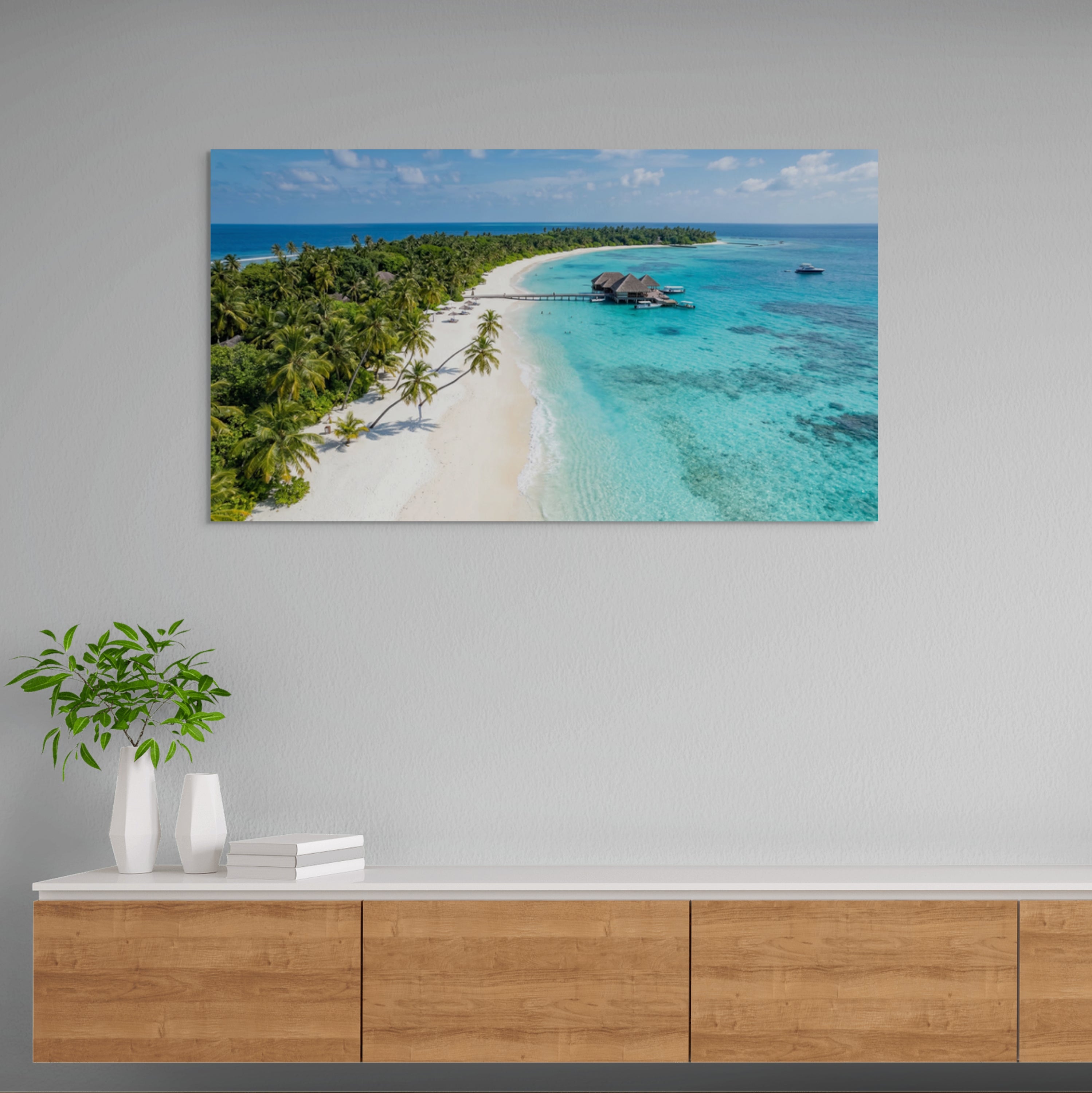 Tropical island beach canvas wall art turquoise ocean coastline in hallway console.
