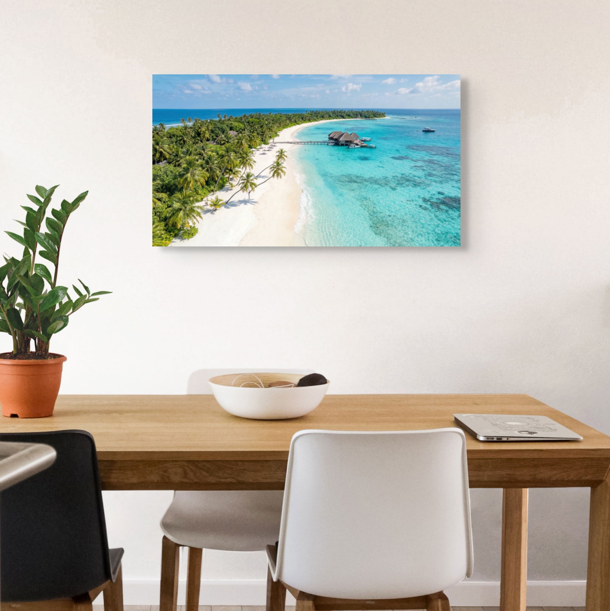 Tropical island beach canvas wall art turquoise ocean coastline in home office.