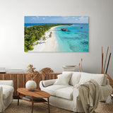 Tropical island beach canvas wall art turquoise ocean coastline in modern living room.
