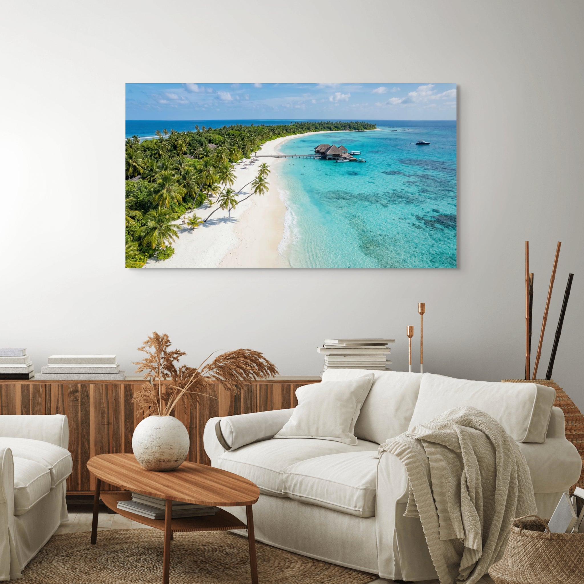 Tropical island beach canvas wall art turquoise ocean coastline in modern living room.