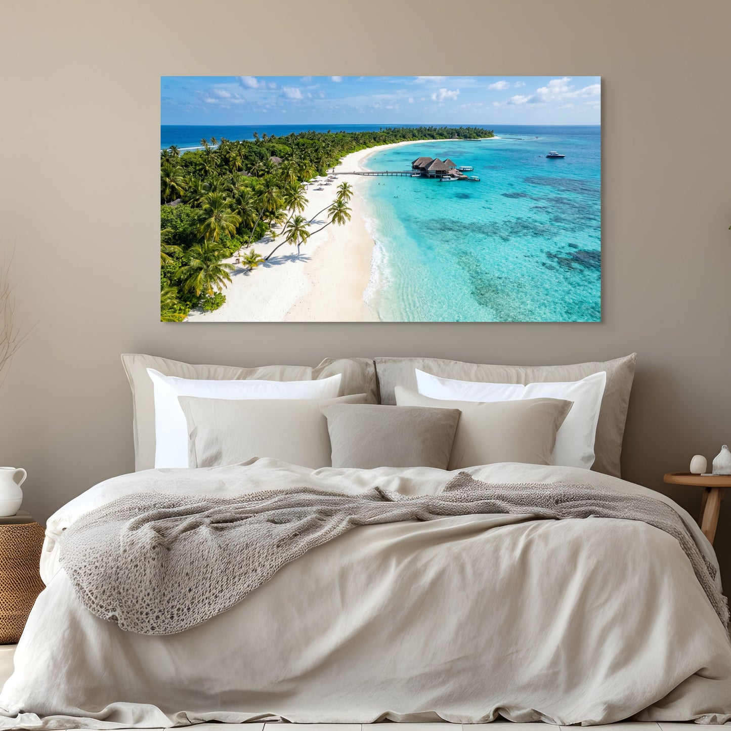 Tropical island beach canvas wall art turquoise ocean coastline in modern bedroom.