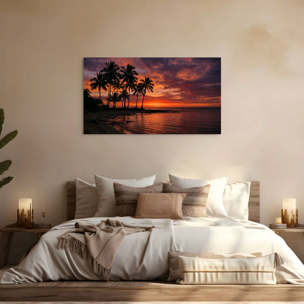 Tropical Sunset Beach Canvas Wall Art Palm Tree Ocean Coastal Decor