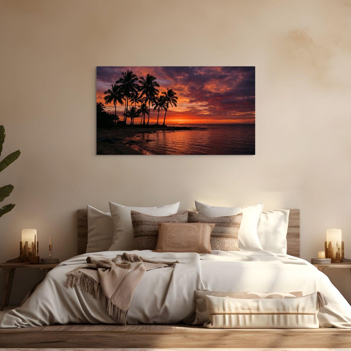 Bedroom with a sunset over palm trees painting on the wall