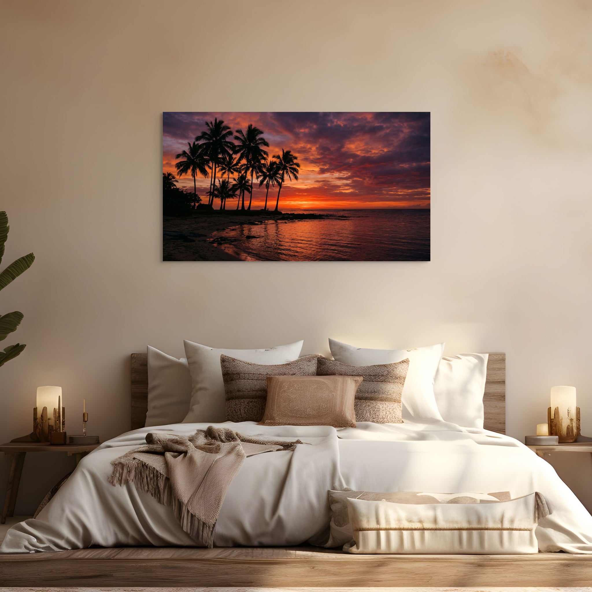 Bedroom with a sunset over palm trees painting on the wall
