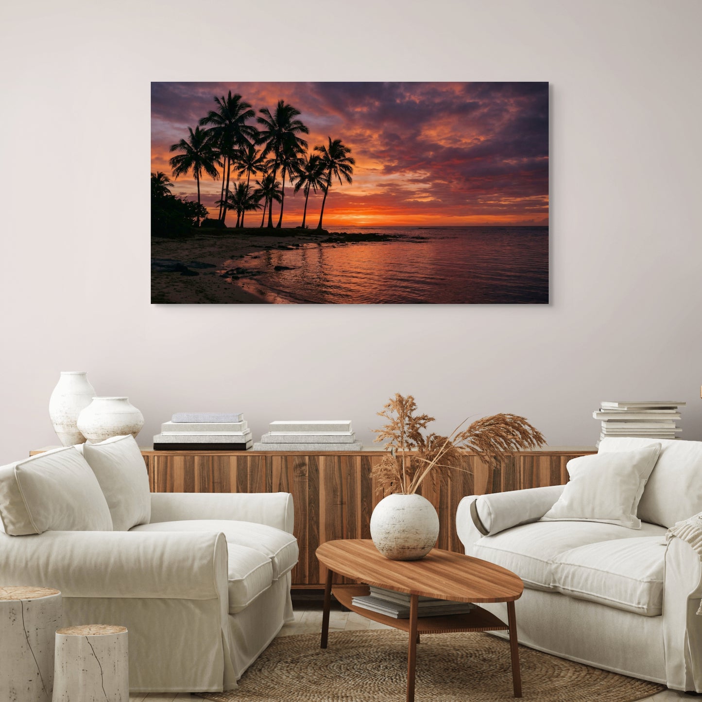 Tropical sunset beach canvas wall art with palm trees in family room.
