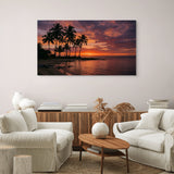 Tropical sunset beach canvas wall art with palm trees in family room.