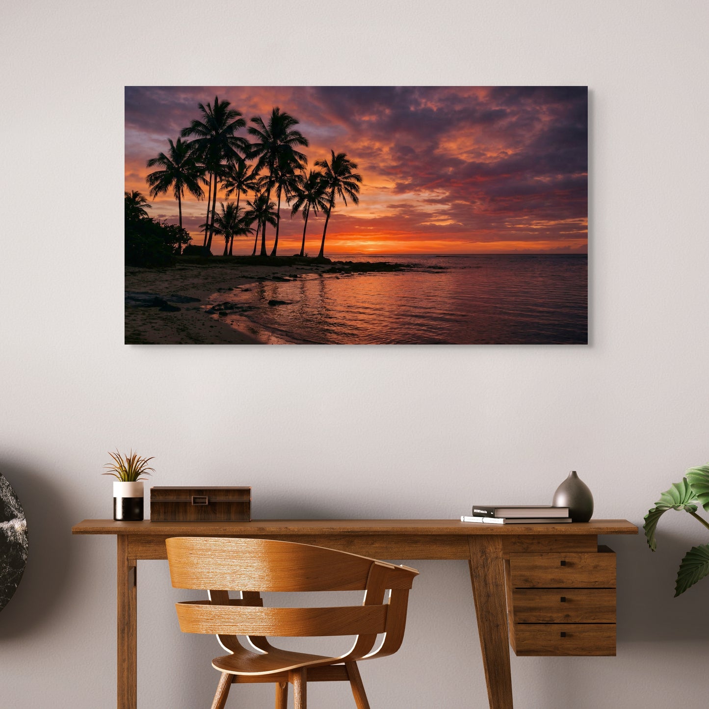 Tropical sunset beach canvas wall art with palm trees in home office.