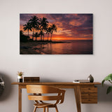 Tropical sunset beach canvas wall art with palm trees in home office.