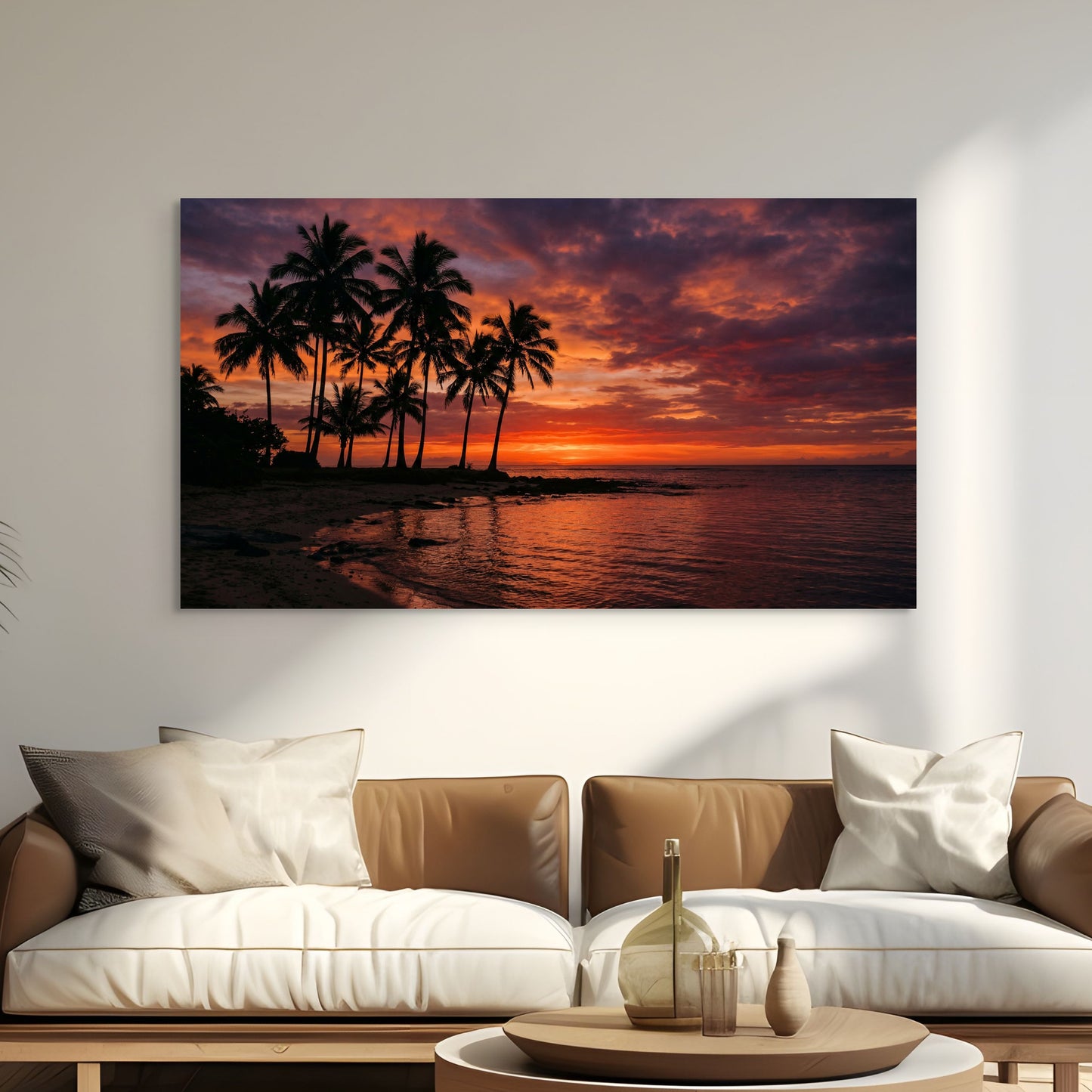 Tropical sunset beach canvas wall art with palm trees in living room