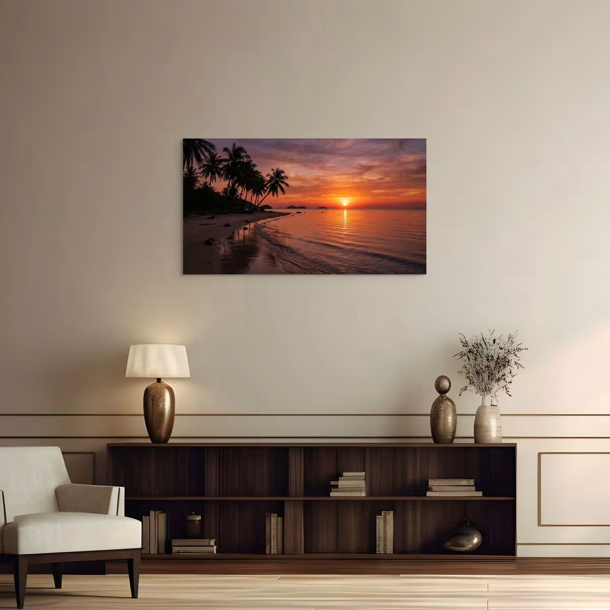 Tropical Sunset Beach Canvas Wall Art Palm Tree Ocean Seascape