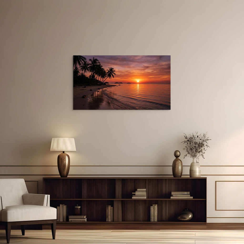 Living room with a sunset over water painting on the wall, a lamp, and a bookshelf.