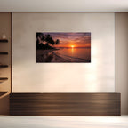 Beach sunset scene on a wall in a modern interior setting