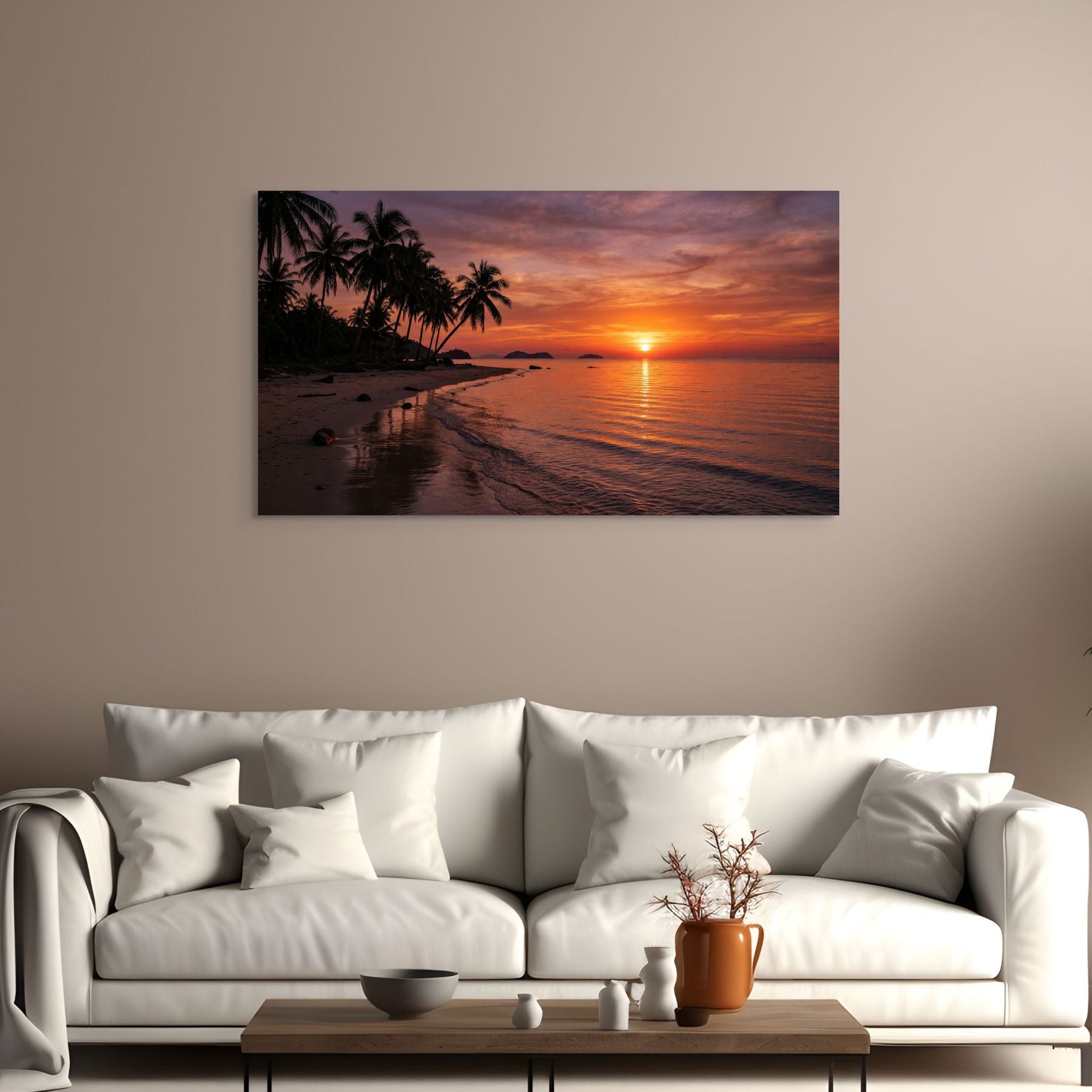 Beach sunset painting above a white sofa in a living room Main image