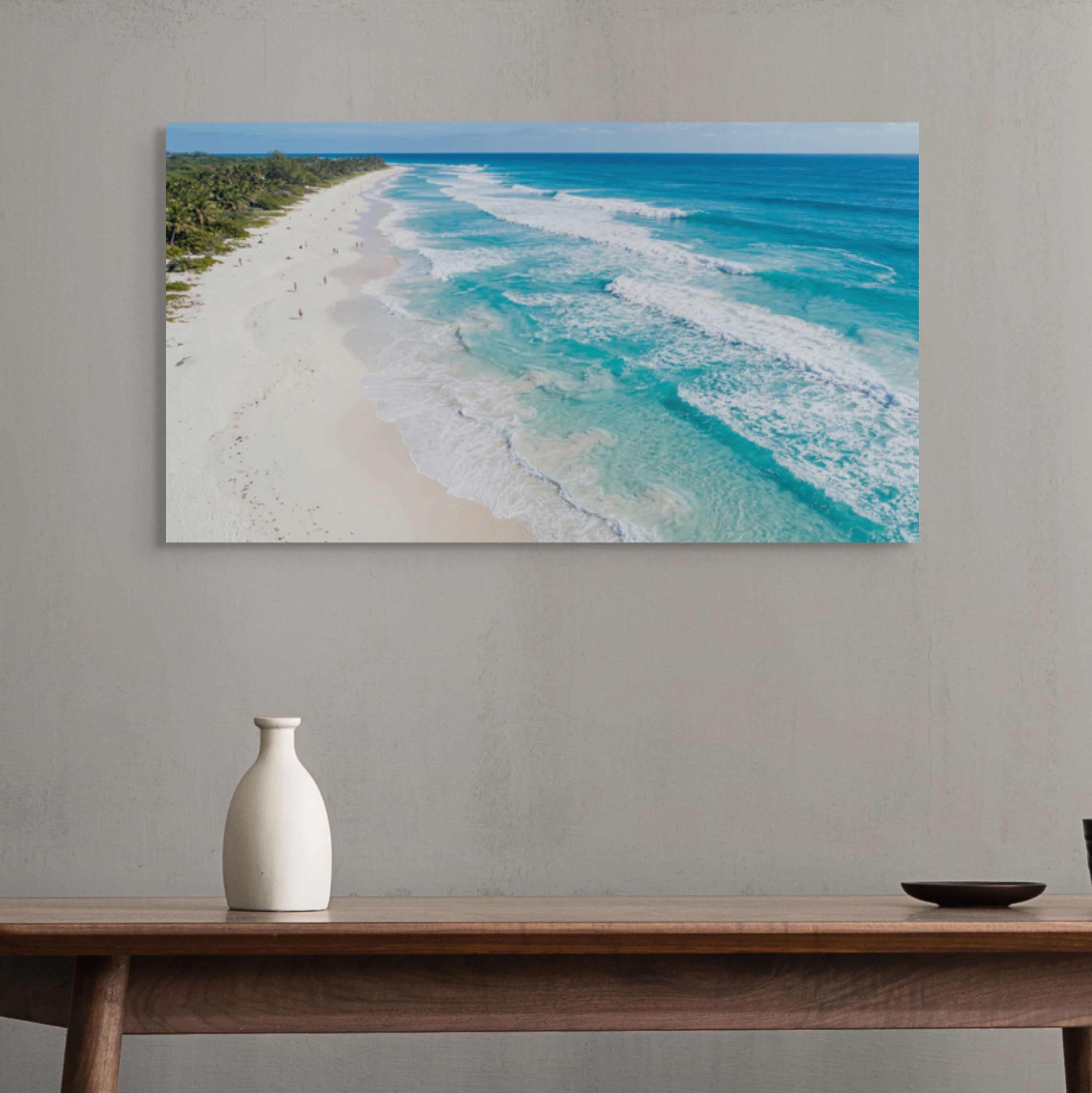 Aerial turquoise beach canvas wall art ocean waves coastal decor above table in hallway.
