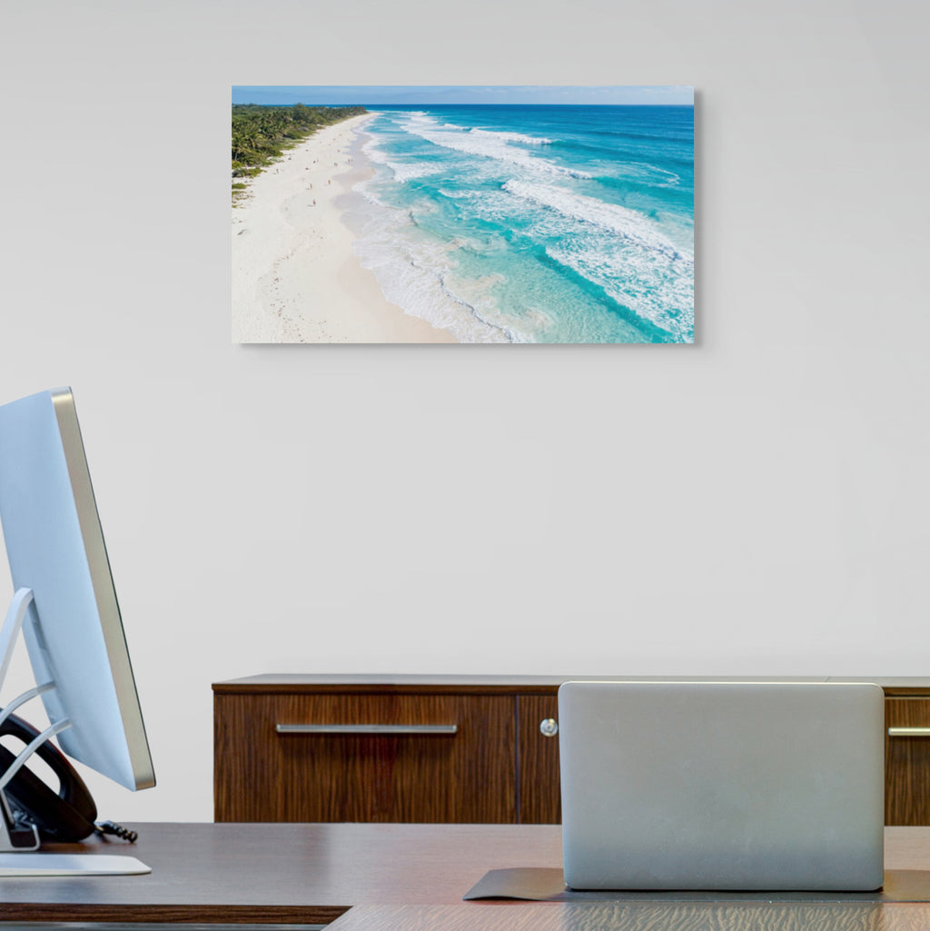 Aerial turquoise beach canvas wall art ocean waves view in home office wall