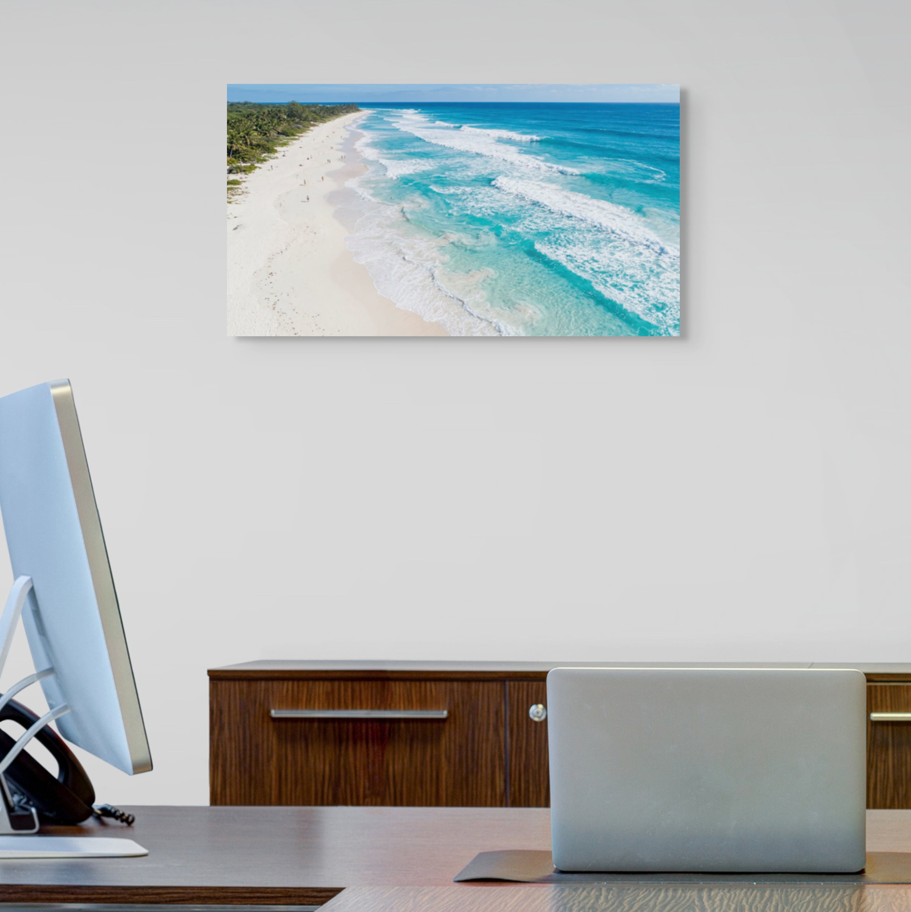 Aerial turquoise beach canvas wall art ocean waves view in home office wall