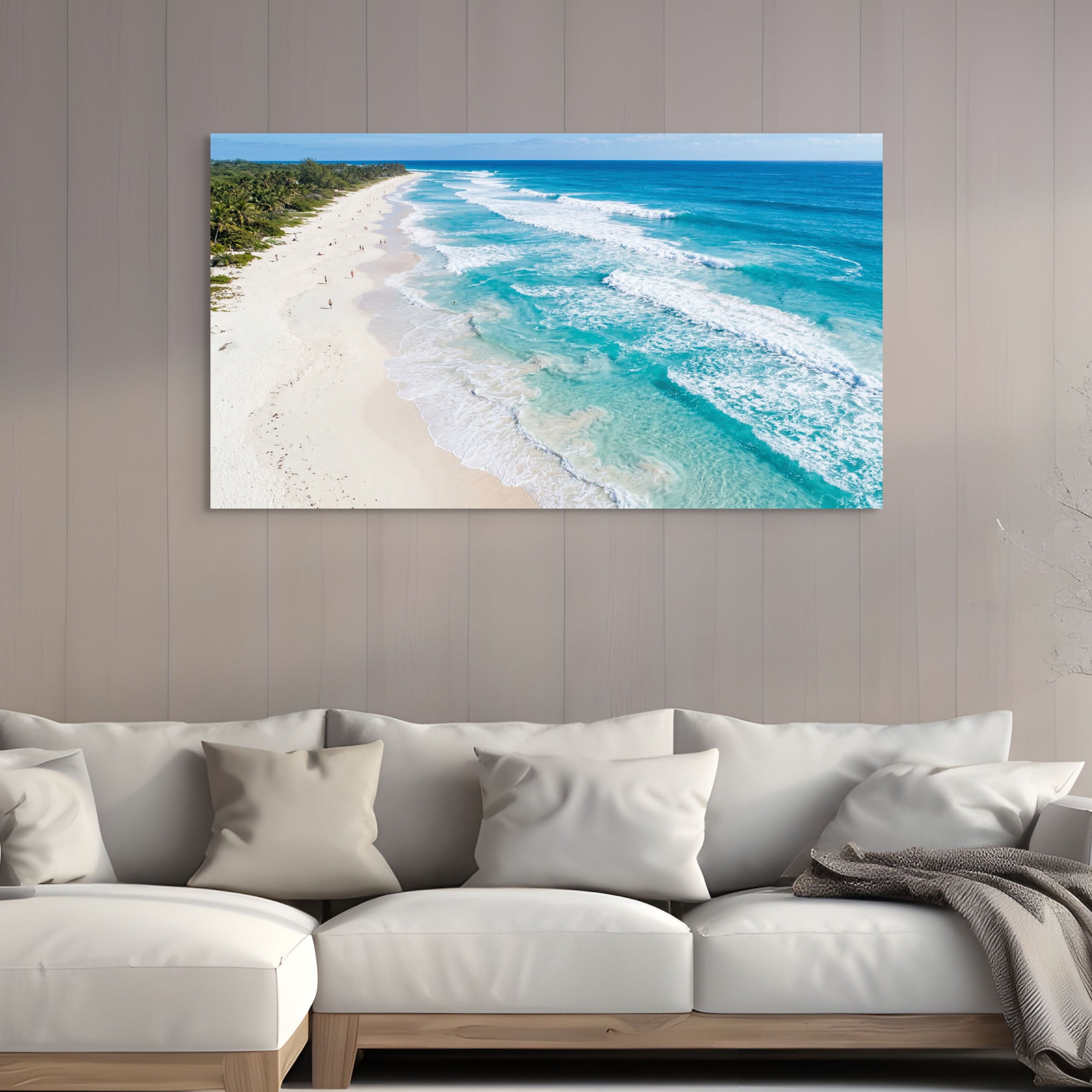 Aerial turquoise beach canvas wall art ocean waves view in living room over couch. Main image