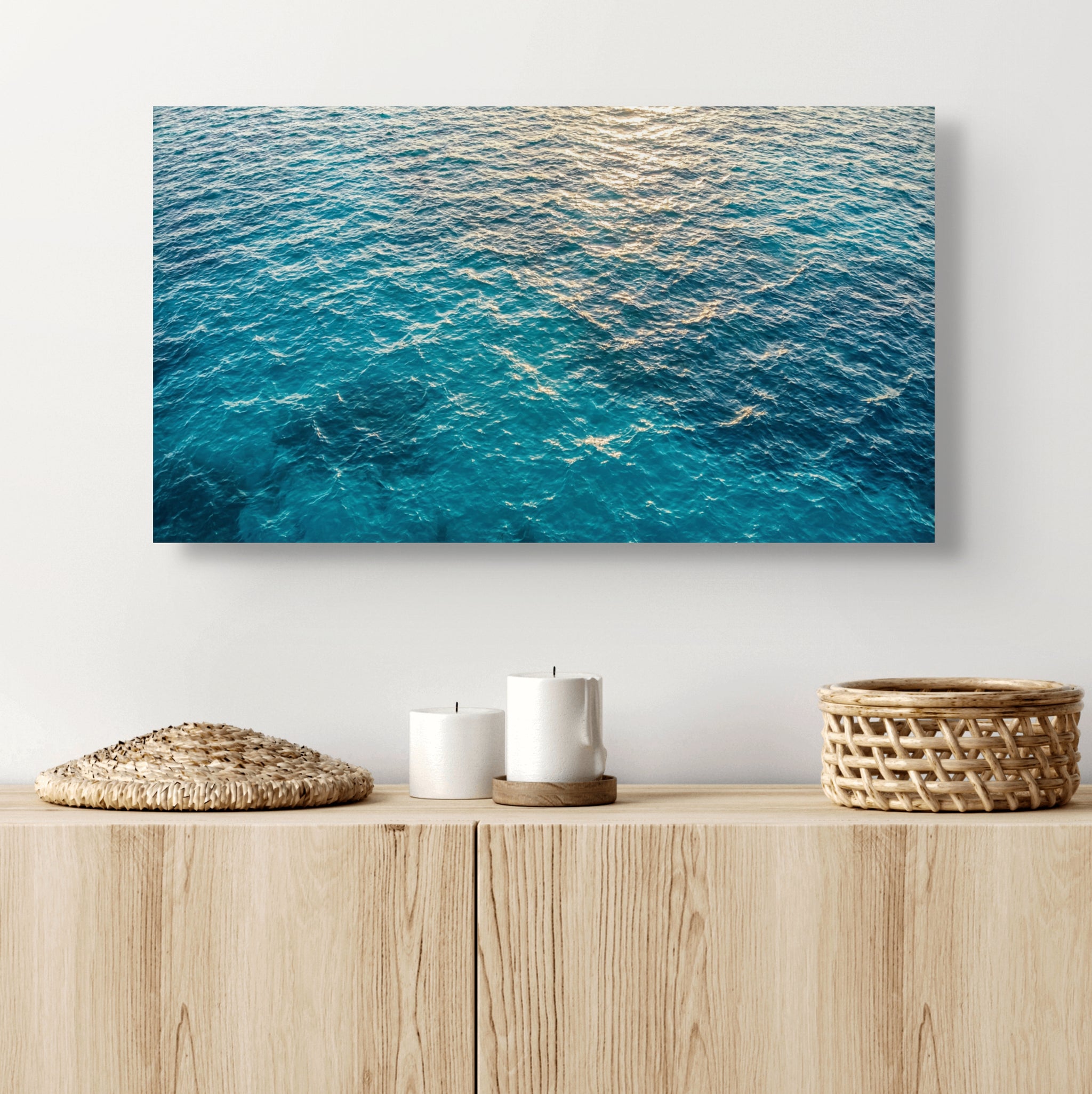 Turquoise ocean water canvas wall art tropical sea view over hallway table.
