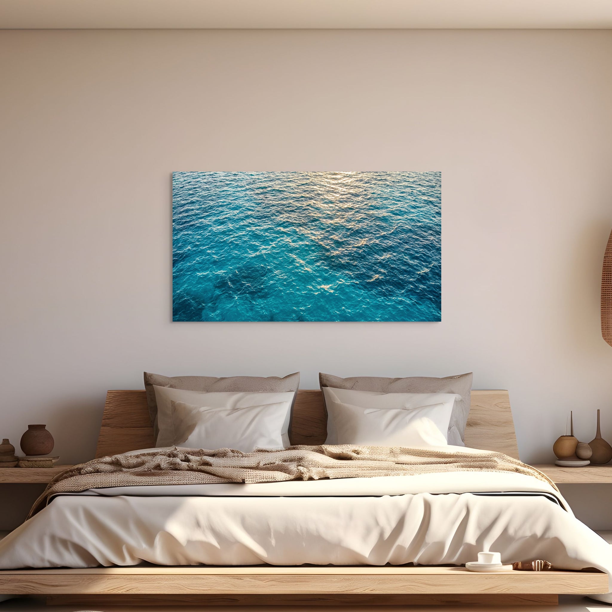Turquoise ocean water canvas wall art tropical sea view in modern bedroom.