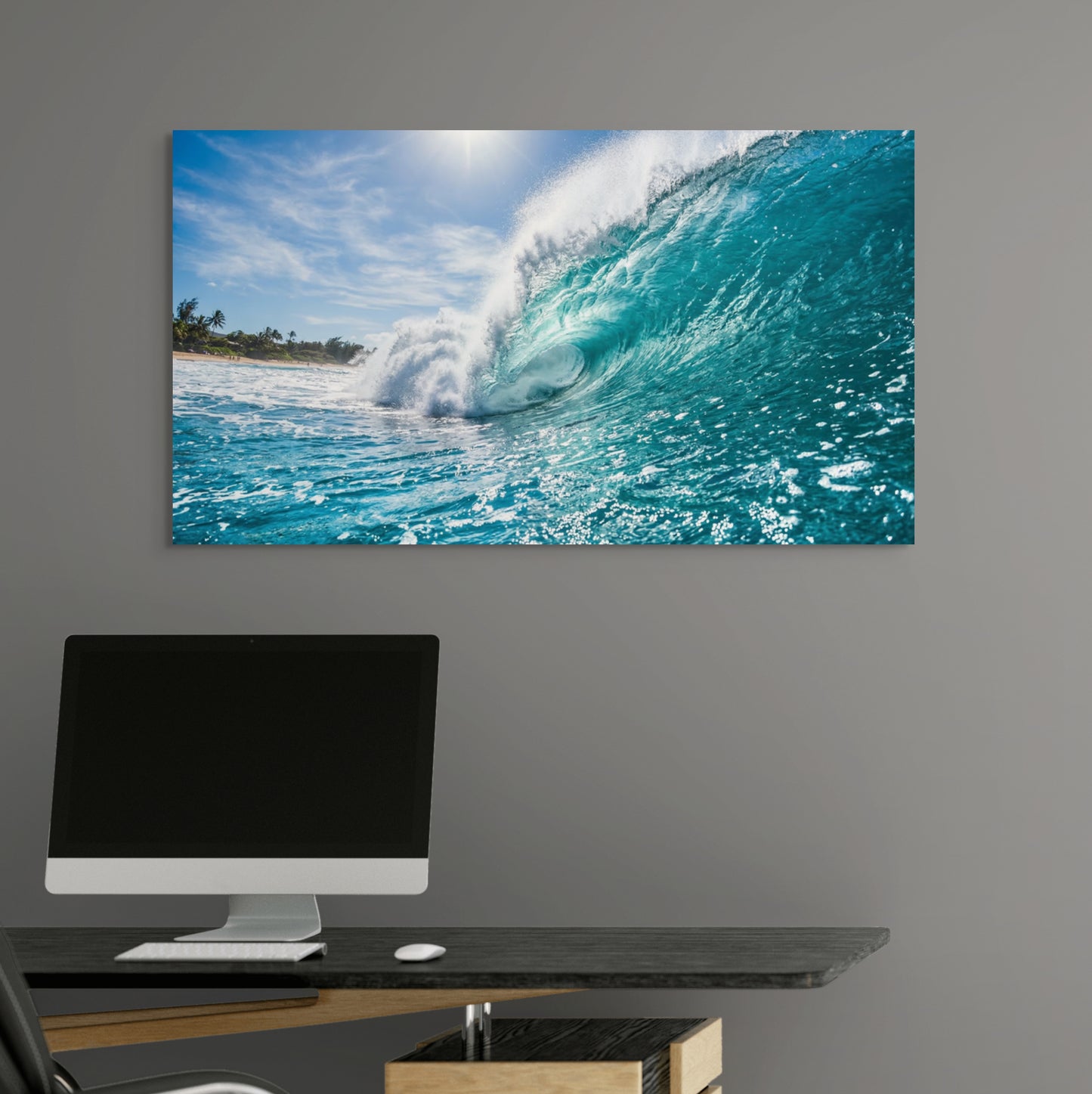 Turquoise ocean wave canvas wall art rolling surf beach in home office.