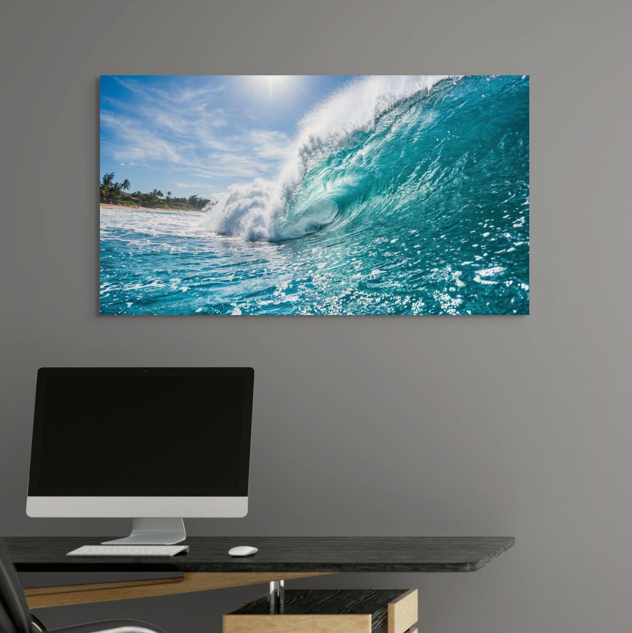 Turquoise ocean wave canvas wall art rolling surf beach in home office.