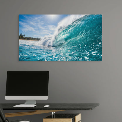 Turquoise ocean wave canvas wall art rolling surf beach in home office.