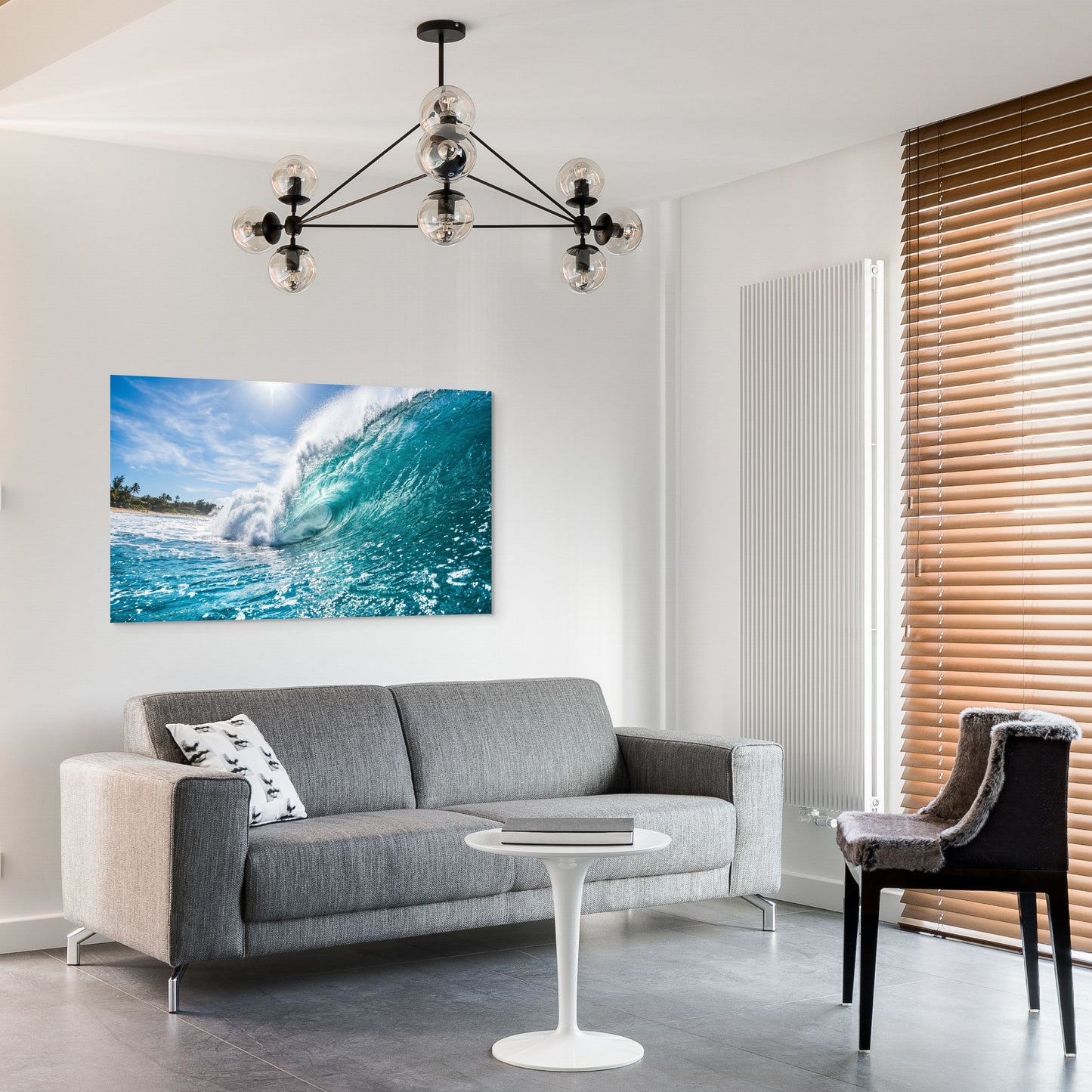 Turquoise ocean wave canvas wall art rolling surf beach in living room.