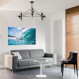 Turquoise ocean wave canvas wall art rolling surf beach in living room.