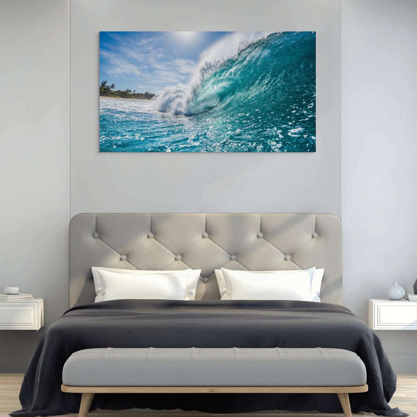 Turquoise ocean wave canvas wall art rolling surf beach in modern bedroom.