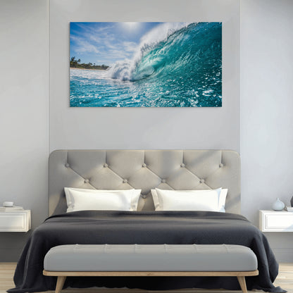Turquoise ocean wave canvas wall art rolling surf beach in modern bedroom.