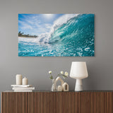 Turquoise ocean wave canvas wall art rolling surf beach tv console.