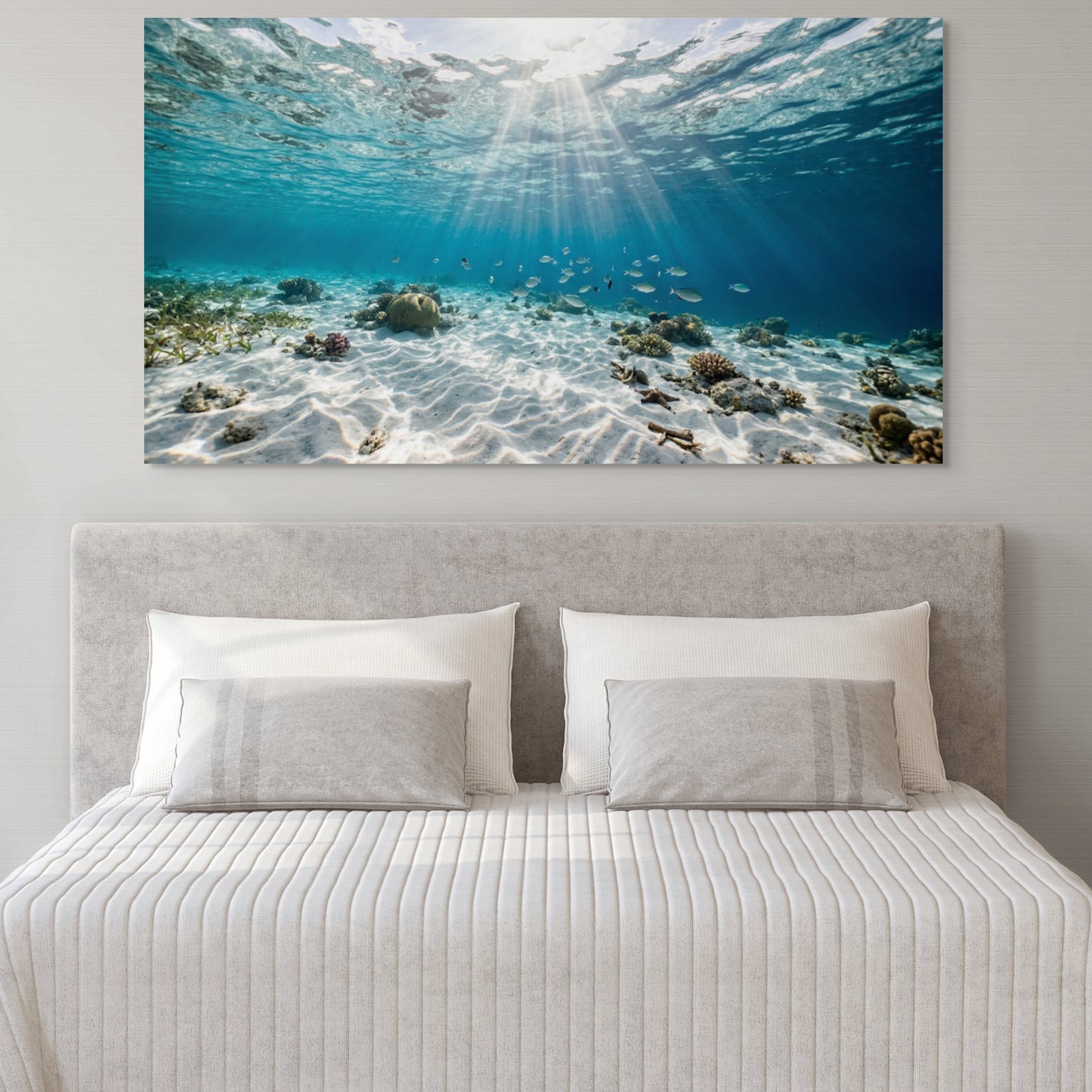 Bedroom with a large wall art depicting an underwater scene with sunlight filtering through water.